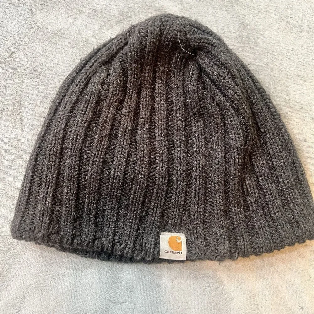 Carhartt Fleece Lined Ribbed Knit Beanie Hat Dark Gray Charcoal Winter Cap
